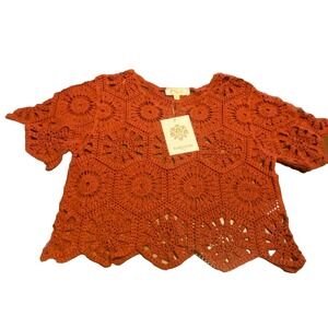 Cottage Crochet Top Fairy Burnt Orange Scalloped Hem Sz S NWT Boho Chic Fest